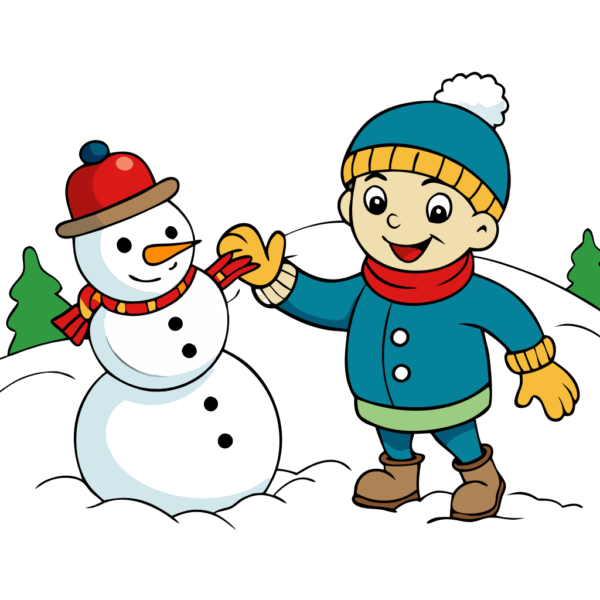 Cute Boy playing with Snowman Clipart