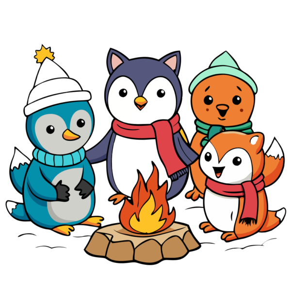 Cute Winter Animals Sitting near Campfire