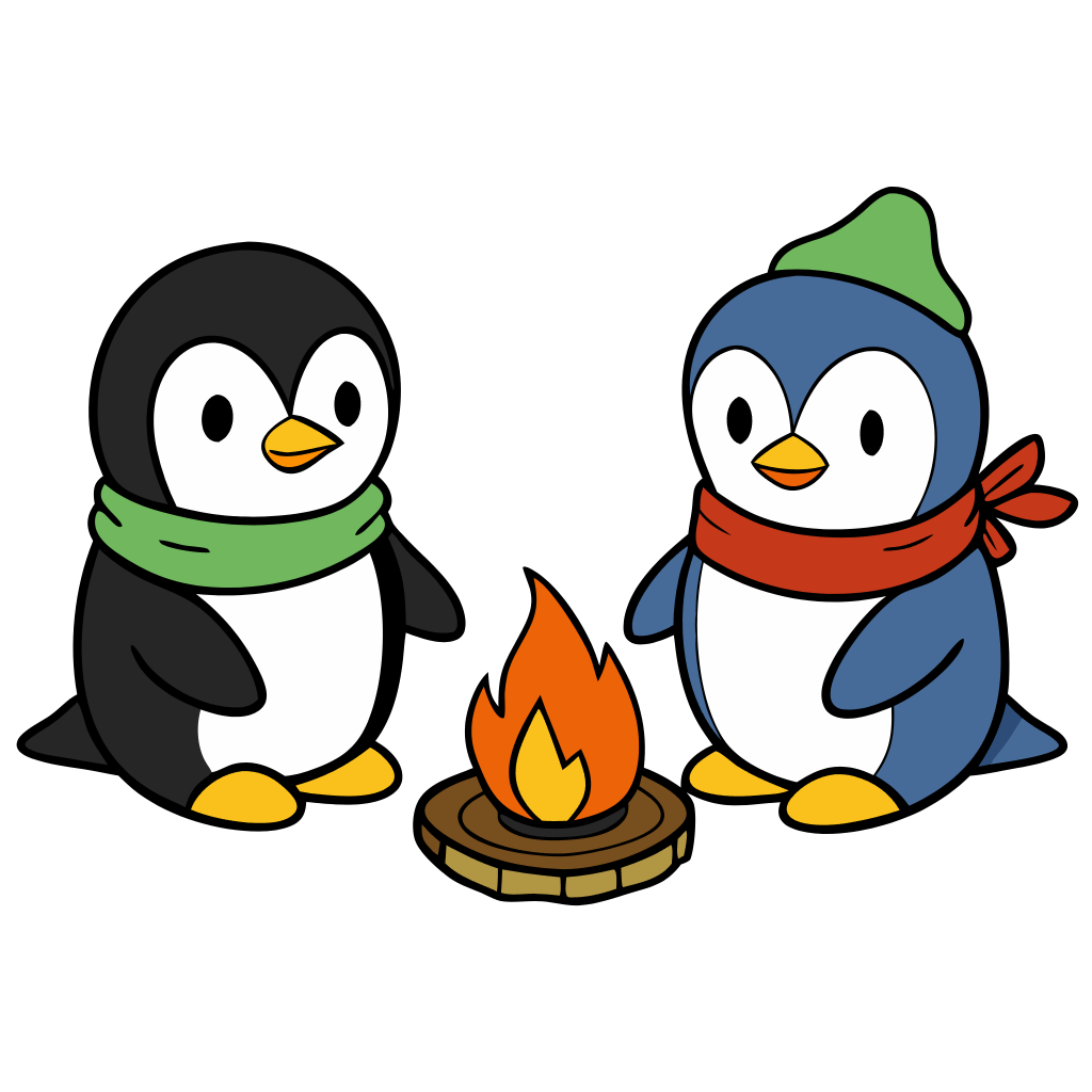 Penguins Sitting near a Campfire Clipart